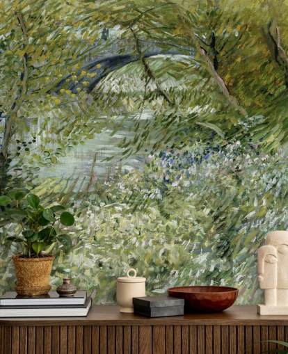 green fine art wallpaper mural called River Bank in Springtime by Vincent van Gogh
