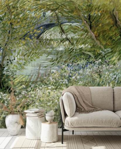 grön konst tapetväggmålning kallad River Bank in Springtime av Vincent van Gogh grön konst tapetväggmålning kallad River Bank in Springtime av Vincent van Gogh