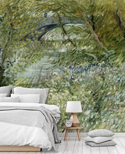 mural de papel de parede verde de belas artes chamado River Bank in Springtime de Vincent van Gogh