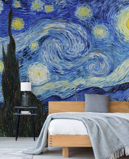 fine art wallpaper mural called Starry Night by Vincent van Gogh for bedrooms and living rooms