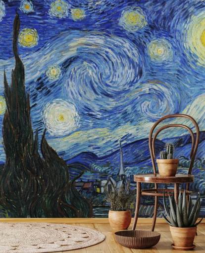 fine art wallpaper mural called Starry Night by Vincent van Gogh for bedrooms and living rooms