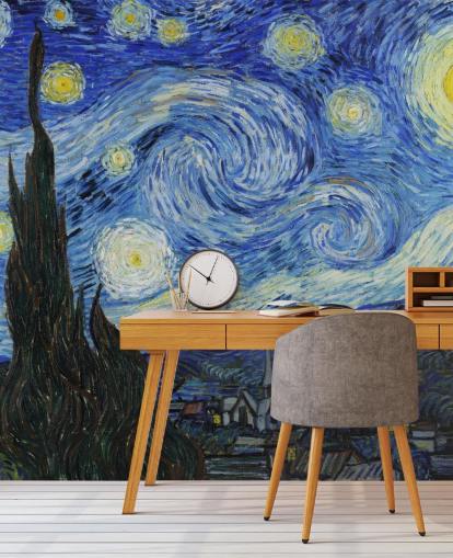 fine art behangmuurschildering genaamd Starry Night van Vincent van Gogh voor slaapkamers en woonkamers fine art behangmuurschildering genaamd Starry Night van Vincent van Gogh voor slaapkamers en woonkamers
