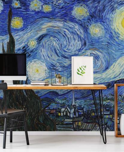fine art wallpaper mural called Starry Night by Vincent van Gogh for bedrooms and living rooms