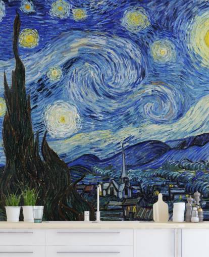 fine art wallpaper mural called Starry Night by Vincent van Gogh for bedrooms and living rooms