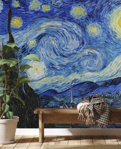 fine art wallpaper mural called Starry Night by Vincent van Gogh for bedrooms and living rooms