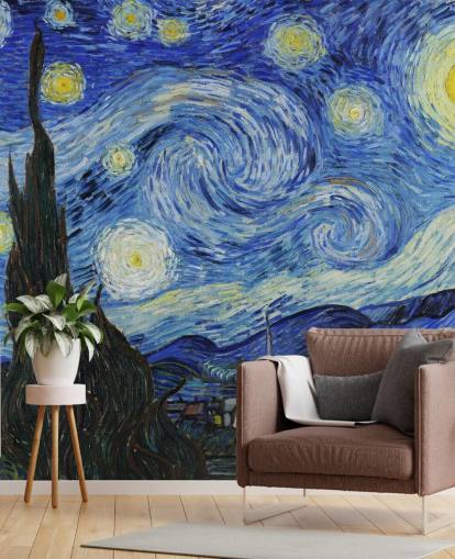 fine art behangmuurschildering genaamd Starry Night van Vincent van Gogh voor slaapkamers en woonkamers