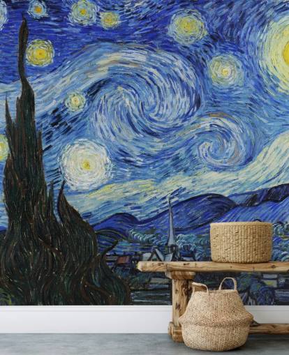 fine art wallpaper mural called Starry Night by Vincent van Gogh for bedrooms and living rooms
