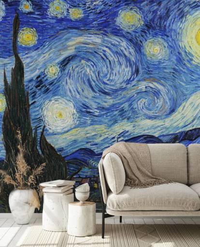 Kunsttapete namens Starry Night von Vincent van Gogh für Schlafzimmer und Wohnzimmer Kunsttapete namens Starry Night von Vincent van Gogh für Schlafzimmer und Wohnzimmer