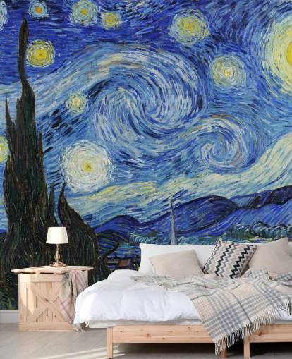 mural de papel pintado de bellas artes llamado Starry Night de Vincent van Gogh para dormitorios y salas de estar mural de papel pintado de bellas artes llamado Starry Night de Vincent van Gogh para dormitorios y salas de estar