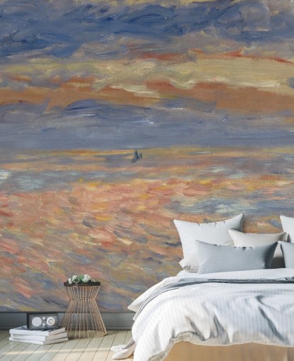 blå og oransje kunsttapet veggmaleri kalt Sunset av Pierre-Auguste Renoir