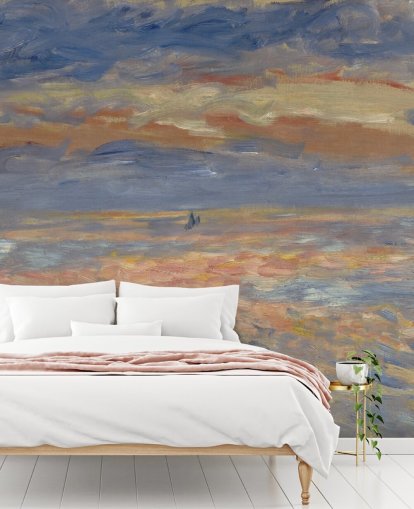 blauwe en oranje kunstbehangmuurschildering genaamd Sunset van Pierre-Auguste Renoir