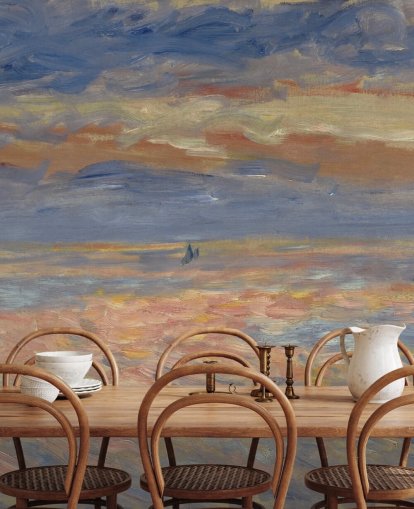 blaues und orangefarbenes Kunsttapetengemälde namens Sunset von Pierre-Auguste Renoir blaues und orangefarbenes Kunsttapetengemälde namens Sunset von Pierre-Auguste Renoir