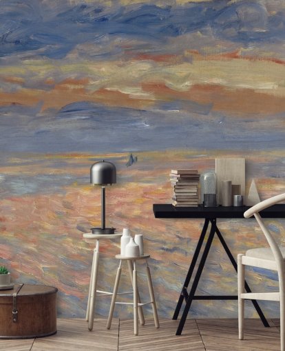 mural de papel de parede de belas artes azul e laranja chamado Sunset de Pierre-Auguste Renoir