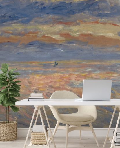 mural de papel de parede de belas artes azul e laranja chamado Sunset de Pierre-Auguste Renoir