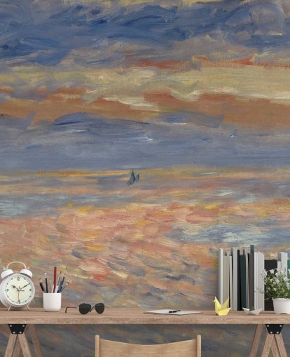 blauwe en oranje kunstbehangmuurschildering genaamd Sunset van Pierre-Auguste Renoir