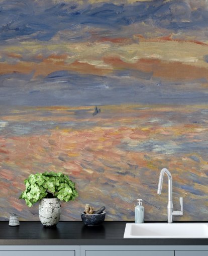 blå og orange kunsttapet vægmaleri kaldet Sunset af Pierre-Auguste Renoir
