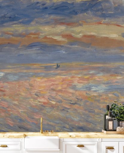 mural de papel de parede de belas artes azul e laranja chamado Sunset de Pierre-Auguste Renoir