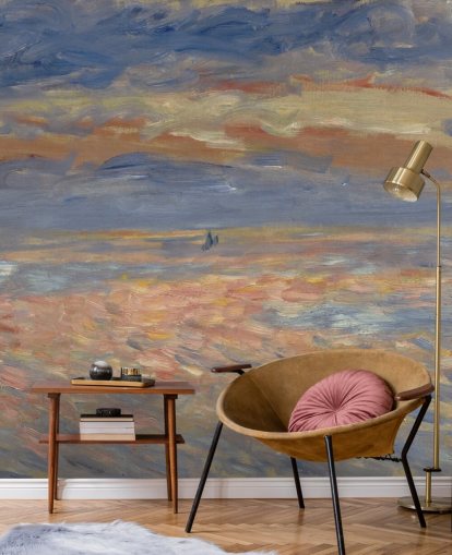 blå og oransje kunsttapet veggmaleri kalt Sunset av Pierre-Auguste Renoir