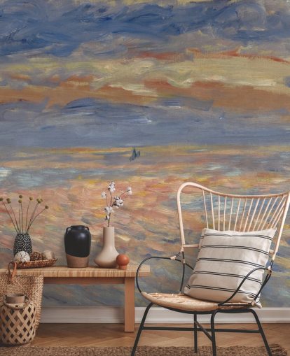 blå og orange kunsttapet vægmaleri kaldet Sunset af Pierre-Auguste Renoir