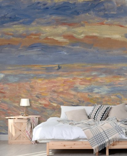 blaues und orangefarbenes Kunsttapetengemälde namens Sunset von Pierre-Auguste Renoir blaues und orangefarbenes Kunsttapetengemälde namens Sunset von Pierre-Auguste Renoir