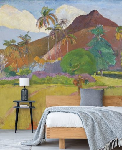 fine art wallpaper mural called Tahitian Landscape by Paul Gauguin for bedrooms, living rooms and dining rooms