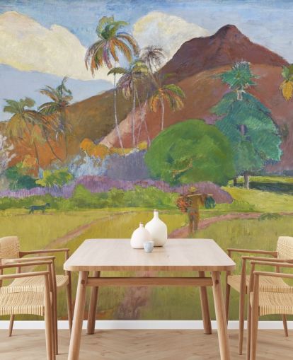 kunsttapet vægmaleri kaldet Tahitian Landscape af Paul Gauguin til soveværelser, stuer og spisestuer