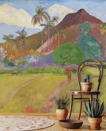 fine art wallpaper mural called Tahitian Landscape by Paul Gauguin for bedrooms, living rooms and dining rooms fine art wallpaper mural called Tahitian Landscape by Paul Gauguin for bedrooms, living rooms and dining rooms