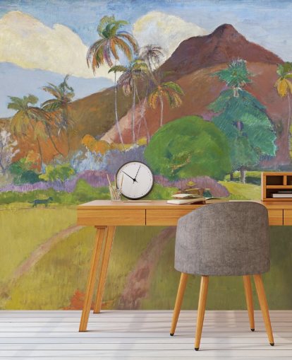 fine art wallpaper mural called Tahitian Landscape by Paul Gauguin for bedrooms, living rooms and dining rooms