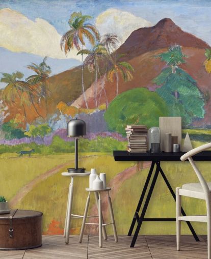 fine art behangmuurschildering genaamd Tahitian Landscape van Paul Gauguin voor slaapkamers, woonkamers en eetkamers fine art behangmuurschildering genaamd Tahitian Landscape van Paul Gauguin voor slaapkamers, woonkamers en eetkamers