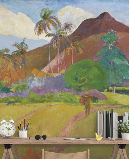 kunsttapet vægmaleri kaldet Tahitian Landscape af Paul Gauguin til soveværelser, stuer og spisestuer