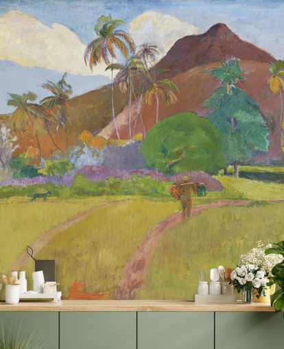 Kunsttapete mit dem Titel „Tahitian Landscape“ von Paul Gauguin für Schlafzimmer, Wohn- und Esszimmer