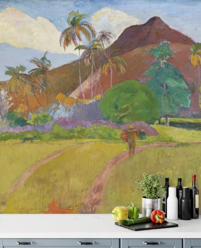 Kunsttapete mit dem Titel „Tahitian Landscape“ von Paul Gauguin für Schlafzimmer, Wohn- und Esszimmer