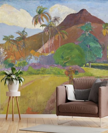fine art wallpaper mural called Tahitian Landscape by Paul Gauguin for bedrooms, living rooms and dining rooms