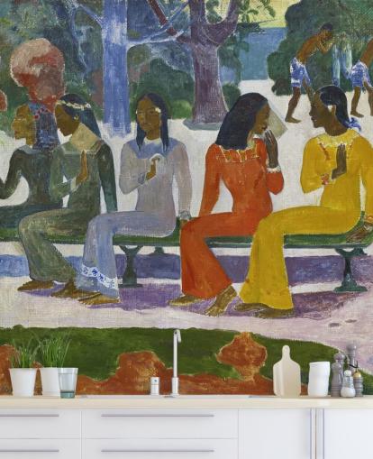 colourful paul gauguin fine art wallpaper mural called We Shall not Go to Market Today