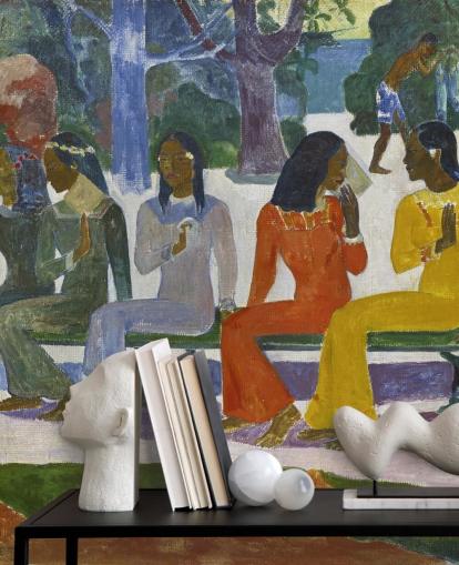 mural colorido de papel de parede de belas artes de paul gauguin chamado We Shall Not Go to Market Today