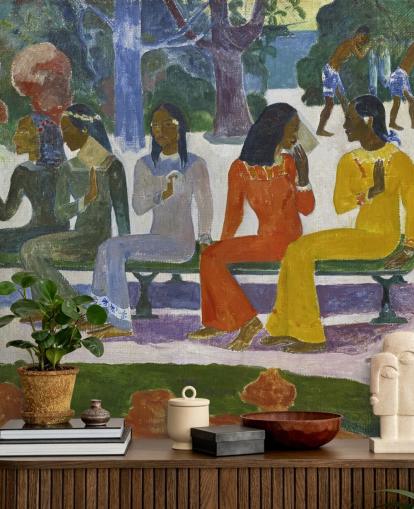 colourful paul gauguin fine art wallpaper mural called We Shall not Go to Market Today