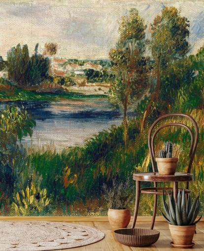 Kunsttapete mit dem Titel Landscape at Vétheuil von Pierre-Auguste Renoir für Schlafzimmer und Wohnzimmer