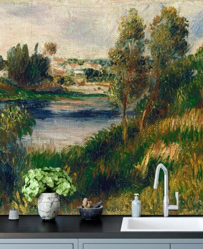 fine art wallpaper mural called Landscape at Vétheuil by Pierre-Auguste Renoir for bedrooms and living rooms
