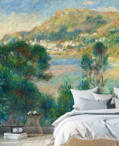fine art behangmuurschildering genaamd View of Monte Carlo from Cap Martin van Pierre-Auguste Renoir voor slaapkamers en woonkamers