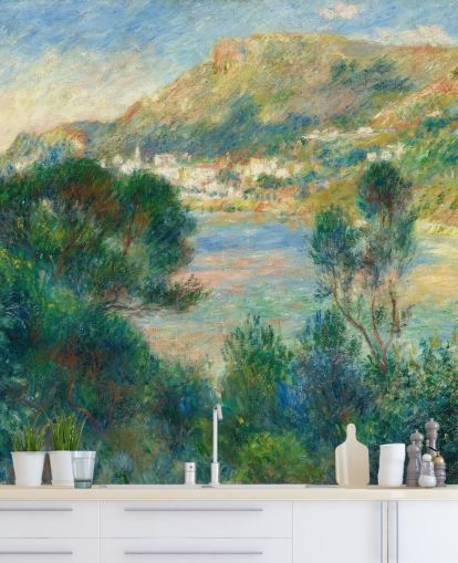 konsttapet väggmålning som heter Utsikt över Monte Carlo från Cap Martin av Pierre-Auguste Renoir för sovrum och vardagsrum