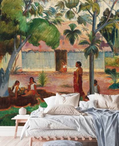 green and orange fine art wallpaper mural called The Large Tree by Paul Gauguin