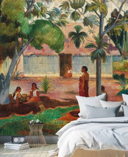 green and orange fine art wallpaper mural called The Large Tree by Paul Gauguin