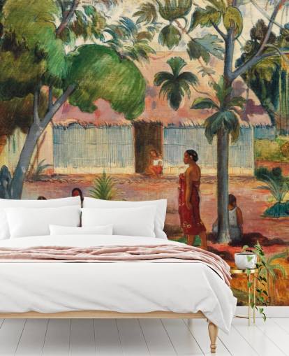 mural de papel pintado de bellas artes verde y naranja llamado El árbol grande de Paul Gauguin