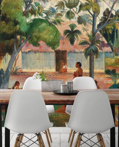 green and orange fine art wallpaper mural called The Large Tree by Paul Gauguin green and orange fine art wallpaper mural called The Large Tree by Paul Gauguin