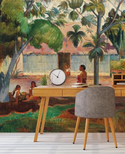 green and orange fine art wallpaper mural called The Large Tree by Paul Gauguin