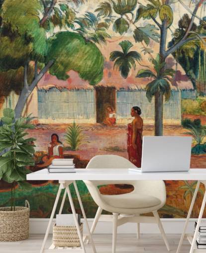 green and orange fine art wallpaper mural called The Large Tree by Paul Gauguin