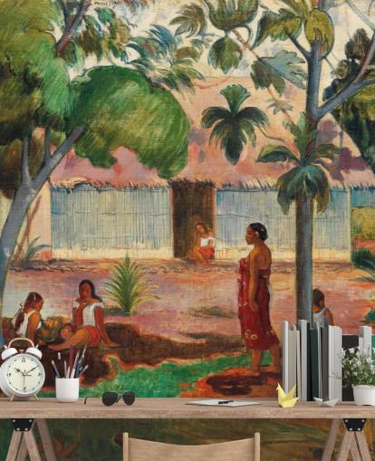 green and orange fine art wallpaper mural called The Large Tree by Paul Gauguin