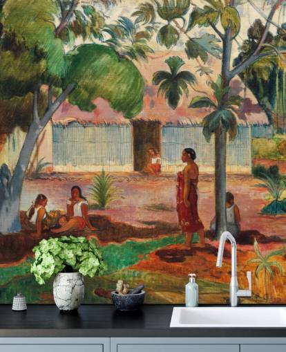mural de papel pintado de bellas artes verde y naranja llamado El árbol grande de Paul Gauguin mural de papel pintado de bellas artes verde y naranja llamado El árbol grande de Paul Gauguin