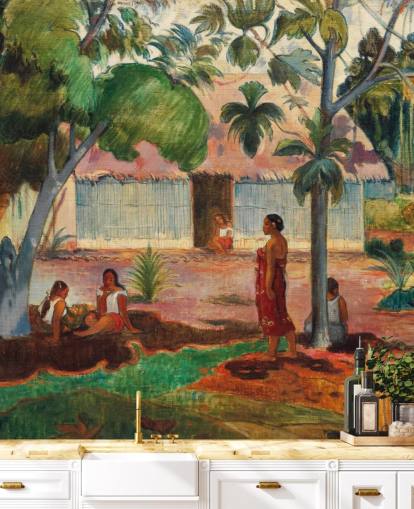 green and orange fine art wallpaper mural called The Large Tree by Paul Gauguin