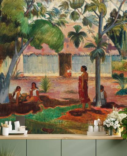 green and orange fine art wallpaper mural called The Large Tree by Paul Gauguin green and orange fine art wallpaper mural called The Large Tree by Paul Gauguin